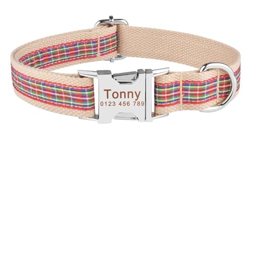 Verstellbares Hundehalsband mit personalisiertem Namen und Gravur, Nylon, für kleine, mittelgroße und große Hunde(Multi Color Plaid,L 35-56cm) von HBJzxlOK