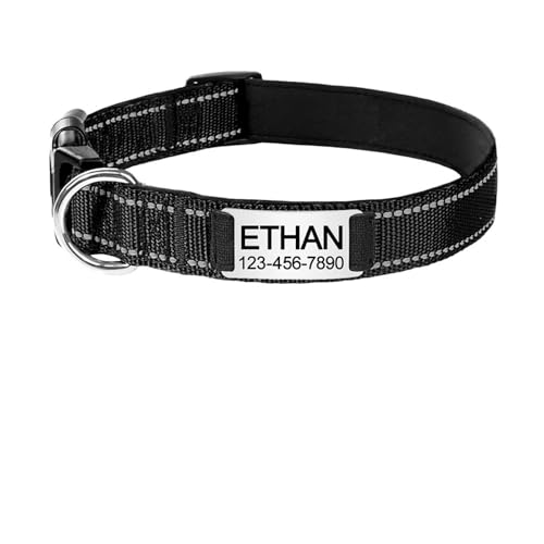 Verstellbares reflektierendes Hundehalsband aus Nylon mit individueller Gravur, Namensschild, personalisiert(Noir,S 25-38cm) von HBJzxlOK
