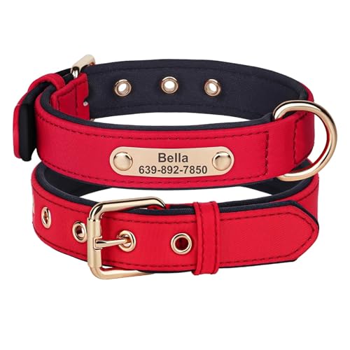 Wasserdichtes Hunde-ID-Halsband, personalisierter Hundename, atmungsaktives, gepolstertes Haustierhalsband mit Gravuranhänger, um Verlust zu verhindern(Red 2,M) von HBJzxlOK