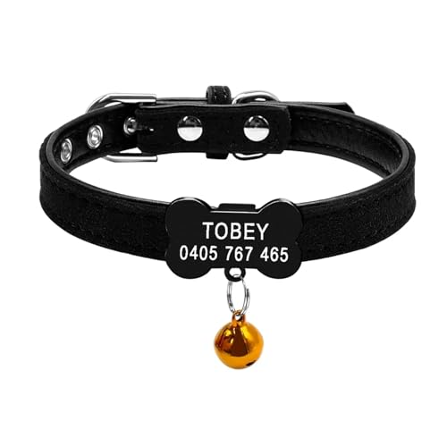 Weiches Hunde- und Katzenhalsband mit Glöckchen, personalisiertes Sicherheitshalsband mit Namensschild für Katzen(Black Bone 1,S) von HBJzxlOK