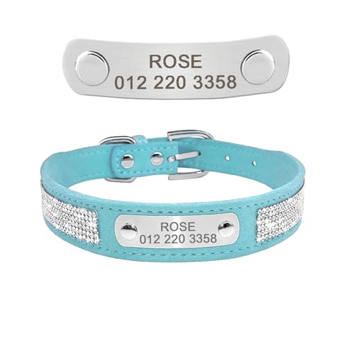 Wildleder Hundehalsband Strass Hund Katze Personalisiertes ID Halsband(Blue,L) von HBJzxlOK