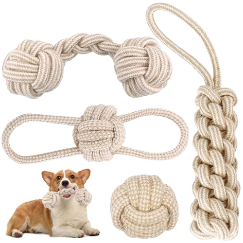HBSFBH Hundespielzeug Seil mit Knoten Ball, 4 Stück Seil Hundespielzeug, Knoten Interaktives Spielzeug Hundeseil, Kauen Hundespielzeug Set, Welpenspielzeug für Zahngesundheit und Zahnreinigung von HBSFBH