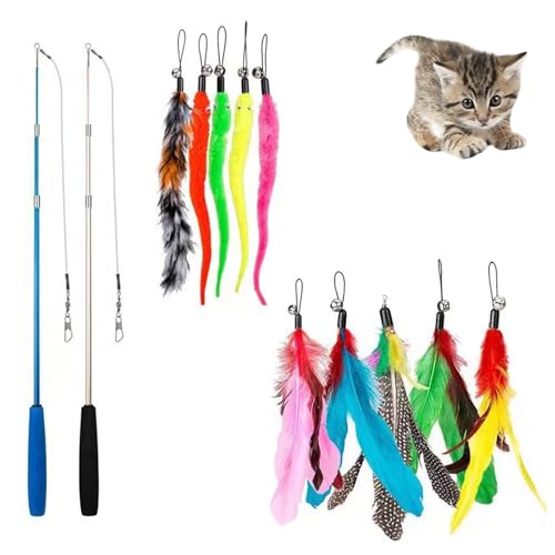 HBYMYDA 12 Stück Interaktives Katzenspielzeug Katzen Spielzeug mit 2 Skalierbar Stangen und 10 Ersatz mit Glocken Katzenangel für Kätzchen und Katzen von HBYMYDA
