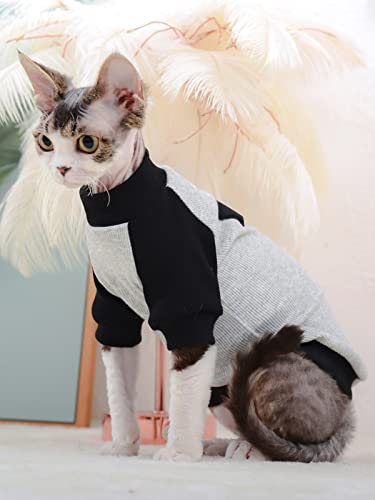 HCCY Sphinx haarlose Katze kleidet dünnes elastisches T-Shirt mit Flutnähten aus Reiner Baumwolle,schwarz + grau,XXL von HCCY
