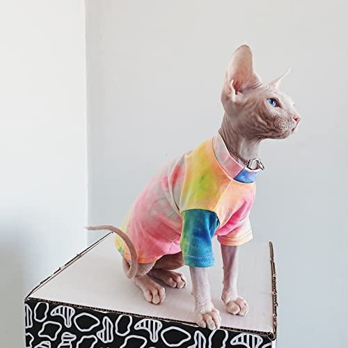 HCCY Sphinx haarlose Katzenkleidung Devin Knees Batik-Regenbogen-Frühlings- und Herbstkleidung,Farbe,XS von HCCY