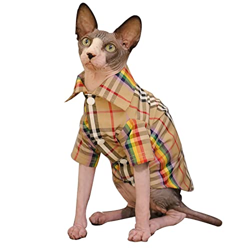 Sphinx Haarlose Katze Kleidung Frühling Und Sommer Baumwolle Kariertes Hemd Mantel Haustier Katze Kleidung,Khaki - Plaid,L von HCCY