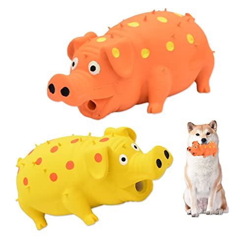 HCHYEY Quietschendes Hundespielzeug, 2 Stück, interaktives Gummi-Schweine-Hundespielzeug – langlebiges Latex-Punkt-Grunting Schweine-Hundespielzeug, mittelgroße und große Hunde (Orange, Gelb) von HCHYEY