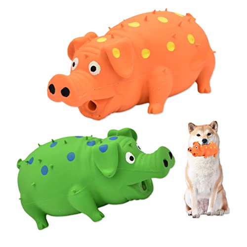 HCHYEY Quietschendes Hundespielzeug, 2 Stück, interaktives Gummi-Schweine-Kauspielzeug – langlebiges Latex-Punkt-Grunting Pig Hundespielzeug, mittelgroße und große Hunde (Orange, Grün) von HCHYEY