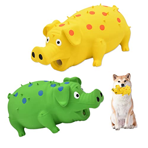 HCHYEY Quietschendes Hundespielzeug, 2 Stück, interaktives Gummi-Schweine-Kauspielzeug – langlebiges Latex-Punkt-Grunting Pig Hundespielzeug, mittelgroße und große Hunde (gelb, grün) von HCHYEY