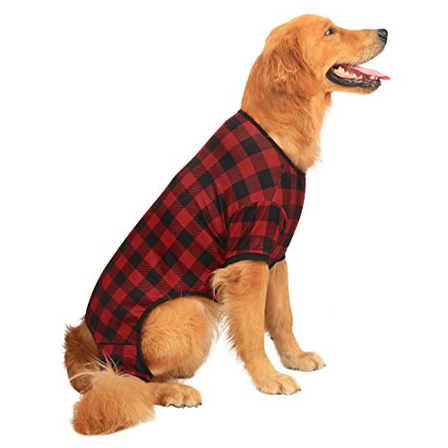 HDE Hunde-Pyjama, leicht, Einteiler, Einteiler, für Hunde, süße Welpenkleidung für kleine, mittelgroße und große Hunde (rotes Büffelmuster, X-Large) von HDE