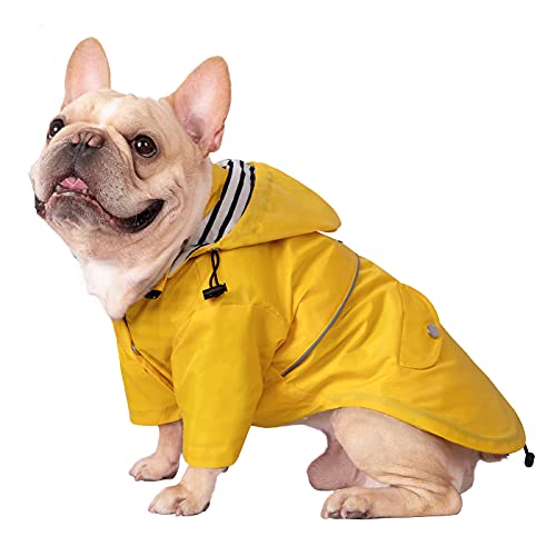 HDE Hunde-Regenmantel, doppellagig, Regenjacke mit Kapuze, für kleine bis große Hunde, Gelb - M von HDE