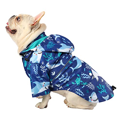 HDE Hunde-Regenmantel, doppellagig, Regenjacke mit Kapuze, für kleine bis große Hunde, Haie – L von HDE