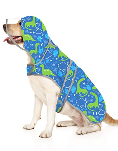 HDE Hunde-Regenmantel mit transparenter Kapuze, Poncho, Regenjacke für kleine, mittelgroße und große Hunde, Dinosaurier, L von HDE