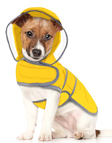 HDE Hunde-Regenmantel mit transparenter Kapuze, Poncho, Regenjacke für kleine, mittelgroße und große Hunde, Gelb - S von HDE