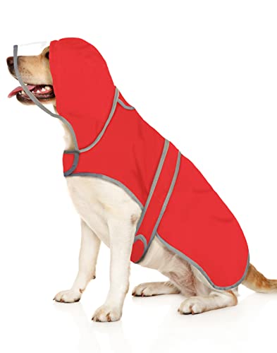HDE Hunde-Regenmantel mit transparenter Kapuze, Poncho, Regenjacke für kleine, mittelgroße und große Hunde, Rot, Größe L von HDE