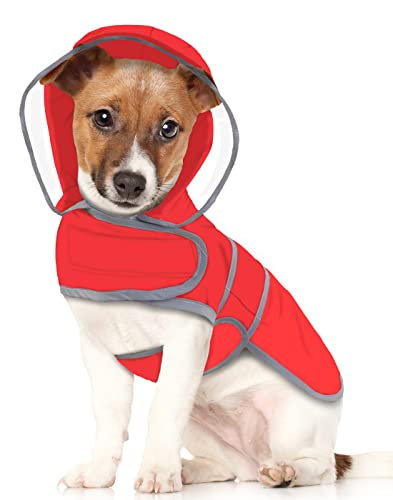 HDE Hunde-Regenmantel mit transparenter Kapuze, Poncho, Regenjacke für kleine, mittelgroße und große Hunde, Rot - M von HDE