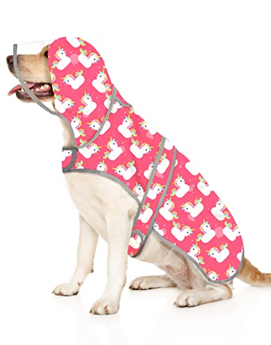 HDE Hunde-Regenmantel mit transparenter Kapuze, Regenjacke, Poncho für kleine, mittelgroße und große Hunde, Einhorn-Enten, Rosa - XXL von HDE
