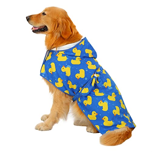 HDE Hundebademantel, super saugfähiges Trockentuch mit Kapuze für große Hunde, Blaue Gummienten, Größe XL von HDE