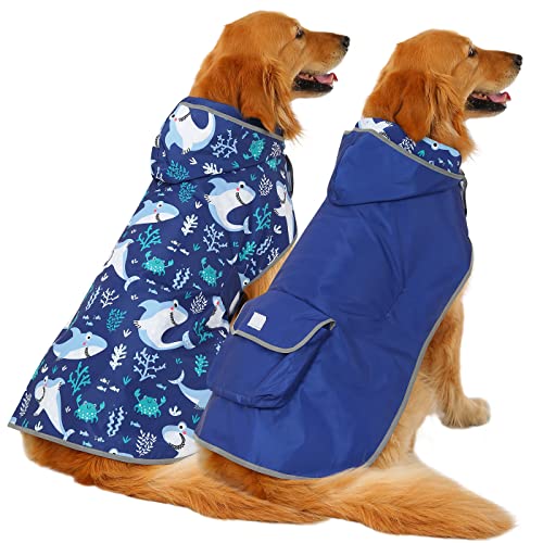 HDE Regenmantel für Hunde, wendbar, mit Kapuze, für kleine, mittelgroße und große Hunde, Haie – XL von HDE