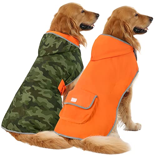 HDE Wendbarer Hunde-Regenmantel mit Kapuze, Zupf-Poncho, Regenmantel, Jacke für kleine, mittelgroße und große Hunde, Camouflage-Orange – L von HDE