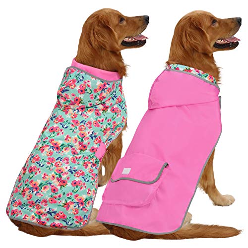 HDE Wendbarer Hunde-Regenmantel mit Kapuze, Zupf-Poncho, Regenmantel, Jacke für kleine, mittelgroße und große Hunde (florales Rosa, XL) von HDE