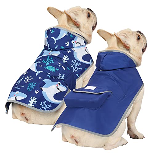 HDE Wendbarer Hunde-Regenmantel mit Kapuze, Zupfponcho, Regenmantel, Jacke für kleine, mittelgroße und große Hunde, Haie – M von HDE