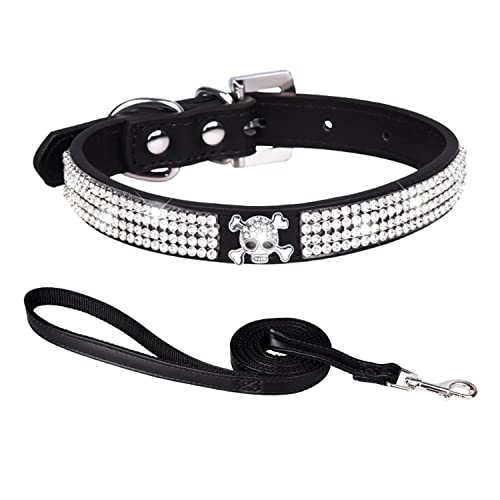 HDKUW 1 x Hundehalsband mit Totenkopf-Strasssteinen besetzt, PU-Leder, schönes glitzerndes Haustier-Aussehen für kleine und mittelgroße Hunde, Schwarz (Leash), Halsumfang 27,9 - 33 cm von HDKUW