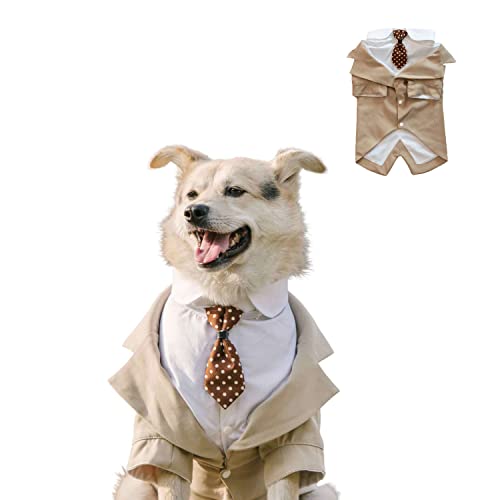 HDKUW Hochzeitshemd für große Hunde, Smoking mit Fliege, formeller Anzug, Hundeprinz, Gentleman-Kostüm für mittelgroße und große Hunde, Khaki, Größe XXL von HDKUW