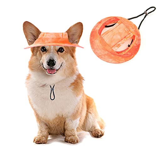 HDKUW Hunde-Eimerhüte, runde Kappe mit Ohrloch, verstellbar, Outdoor-Reisen, Sonnenschutz, Sporthut für Katze, kleine, mittelgroße Hunde, Orange L von HDKUW