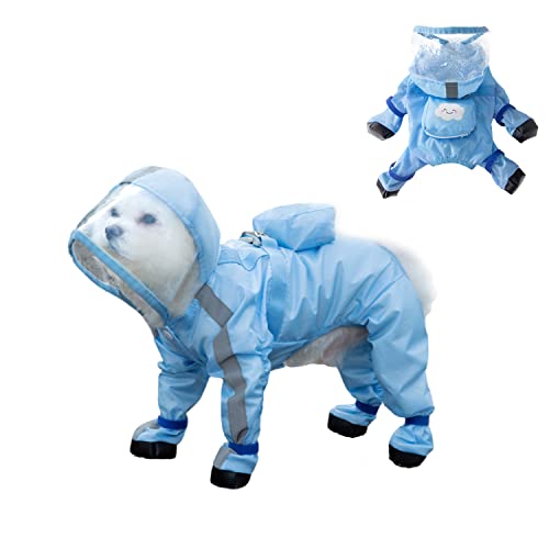 HDKUW Hunderegenmantel und Regenschuhe Set, Vollständige Abdeckung Reflektierende Hundejacke mit Rucksack, Hunderegenmantel mit Regenstiefeln Set für kleine mittelgroße Hunde Blau L von HDKUW