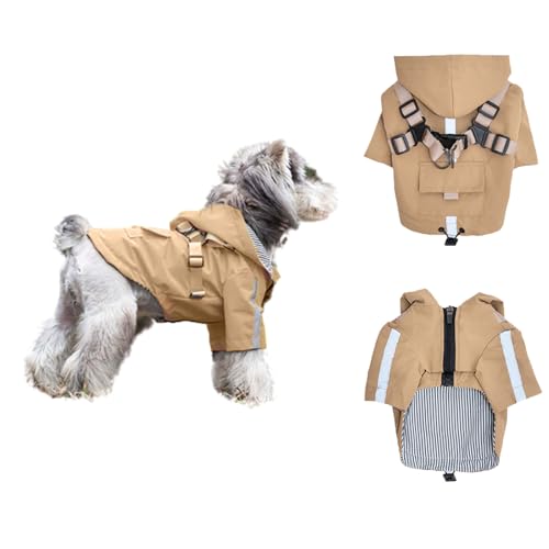 HDKUW Regenmantel für kleine Hunde, mit Kapuze, wasserdichte Regenjacke mit Geschirr, verstellbar, reflektierend, für Welpen, kleine Hunde, Jungen, Mädchen, Beige, Größe XL von HDKUW