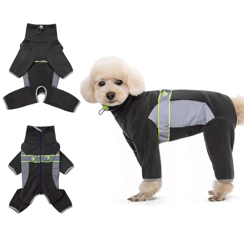 HDKUW Warmer Jumpsuit für kleine Hunde, Plüsch-Fleece, Welpen-Einteiler mit D-Ring und reflektierenden Streifen, langärmelig, für kaltes Wetter, für kleine und mittelgroße Hunde, Dunkelgrau, Größe M von HDKUW
