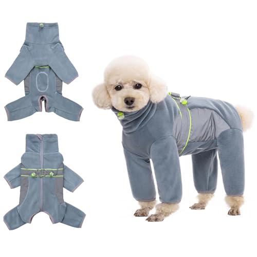 HDKUW Warmer Jumpsuit für kleine Hunde, Plüsch-Fleece, Welpen-Einteiler mit D-Ring und reflektierenden Streifen, langärmelig, für kaltes Wetter, für kleine und mittelgroße Hunde, luftiges Blau, Größe von HDKUW