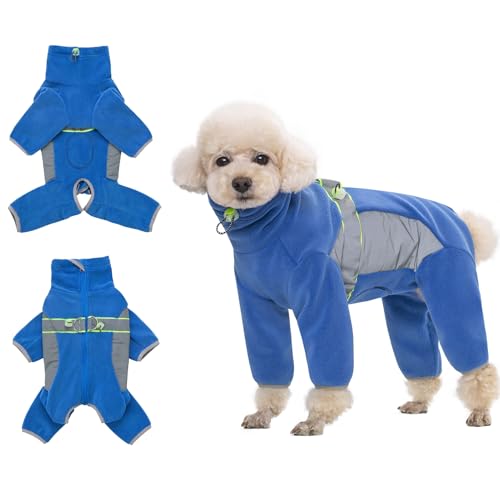 HDKUW Warmer Jumpsuit für kleine Hunde, Plüsch-Fleece, Welpeneinteiler mit D-Ring und reflektierenden Streifen, langärmelig, für kalte Wetterbedingungen, für kleine und mittelgroße Hunde, Blau, Größe von HDKUW