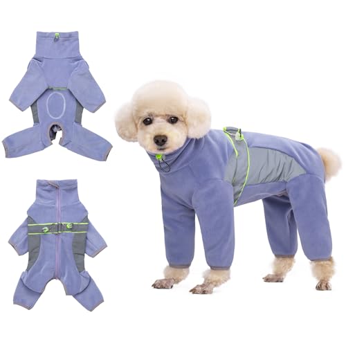 HDKUW Warmer Jumpsuit für kleine Hunde, Plüsch-Fleece, Welpeneinteiler mit D-Ring und reflektierenden Streifen, langärmelig, für kalte Wetterbedingungen, für kleine und mittelgroße Hunde, Lila, Größe von HDKUW