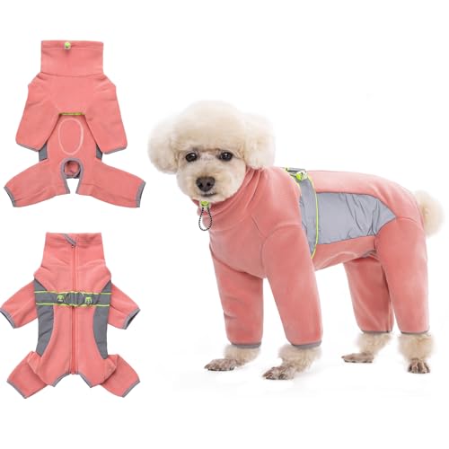 HDKUW Warmer Jumpsuit für kleine Hunde, Plüsch-Fleece, Welpeneinteiler mit D-Ring und reflektierenden Streifen, langärmelig, für kleine und mittelgroße Hunde, Rosa, Größe 2XL von HDKUW