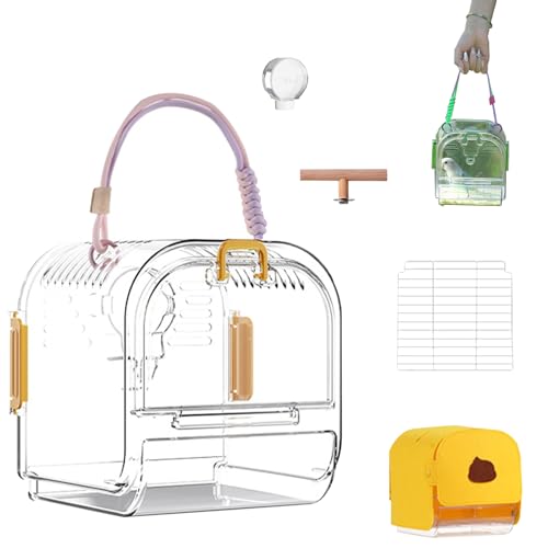 Vogel Transportbox, Tragbarer Vogel TragebehäLter, Atmungsaktive Bird Transport Cage, Transparent VogelkäFig Transportbox FüR KleinvöGel Und Wellensittiche (Gelb, Mit 4 Zubehör) von HDQQEU