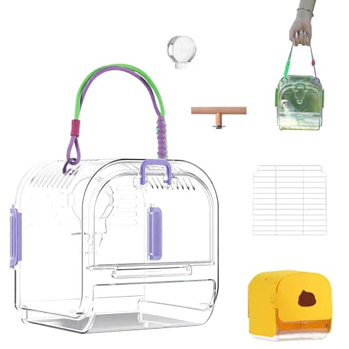 Vogel Transportbox, Tragbarer Vogel TragebehäLter, Atmungsaktive Bird Transport Cage, Transparent VogelkäFig Transportbox FüR KleinvöGel Und Wellensittiche (Lila, Mit 4 Zubehör) von HDQQEU