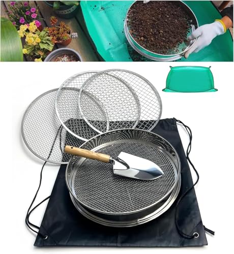 HEAWOWLI Edelstahl Gartensieb, 30cm Sieb mit 4 austauschbaren Siebeinsätzen (Ø 3, 6, 9, 12 mm) Steinsieb für Erde, Steine, Kompost, Schmutz und Felsen von HEAWOWLI