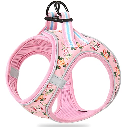 HEELE Geschirr Hund Klein Weich Hunde Geschirr Air Mesh Verstellbar Sicher Kontrolle Welpengeschirr Weste Hunde Brustgeschirr für Gehen, Laufen, Training, Reflektierend, Blume Pink, XS von HEELE