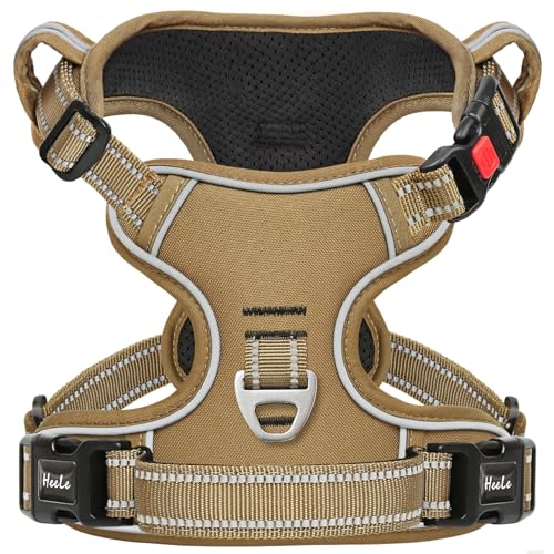 HEELE Hundegeschirr, Brustgeschirre für Hunde, Laufgeschirre Hund mit abschließbarem Schnappverschluss, einstellbare reflektierende Hundegeschirre, Offen am Hals, Anti Zug Dog Harness, Khaki, M von HEELE