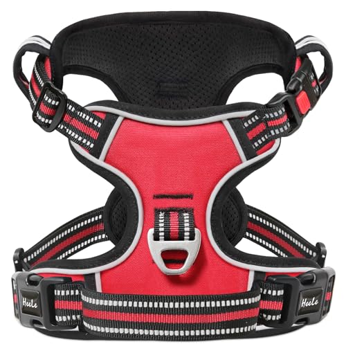 HEELE Hundegeschirr, Brustgeschirre für Hunde, Laufgeschirre Hund mit abschließbarem Schnappverschluss, einstellbare reflektierende Hundegeschirre, Offen am Hals, Anti Zug Dog Harness, Rot, XL von HEELE