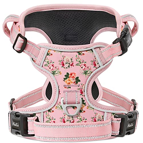 HEELE Hundegeschirr, Anti Zug Hundegeschirr, Hundegeschirr Grosse Hunde, Weich Atmungsaktiv Einstellbar Reflektierend Hundegeschirr mit Gepolstert Griff, 3 Schnallen, Geblümt-Pink, XL von HEELE