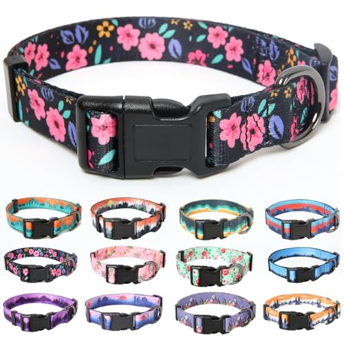 HEELE Hundehalsband, Hunde Halsband für Welpen Kleine Mittlere Große Hunde, Gemustertes Hundehalsbänder Verstellbares, Komfort, Robustem HundeHalsband, Blumen, M von HEELE