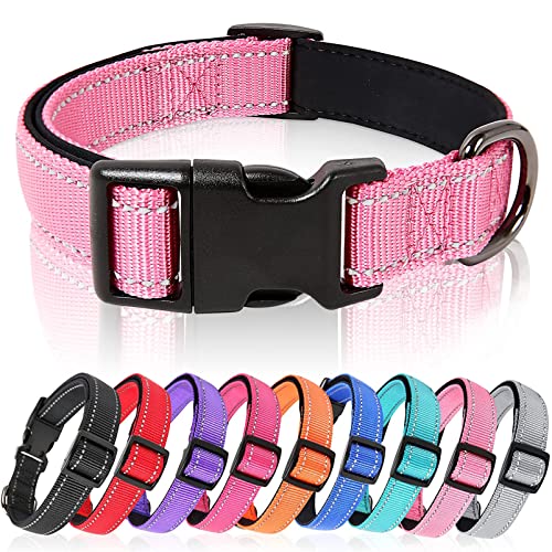 HEELE Hundehalsband, Hundehalsband aus Nylon, Reflektierend Halsband Hund mit Weich Neopren Gepolstert für Welpen Kleine Mittel Große Hunde, Pink, L von HEELE