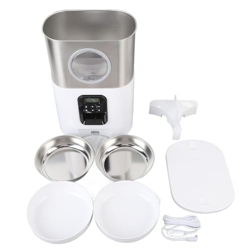 HEEPDD Automatische Haustierfutterautomaten, 5L Quantitative Fütterung Edelstahl 2 Schalen Hundefutterspender Großer Kapazität Automatische Zeitgesteuerte Katzenfuttermittel mit (White) von HEEPDD