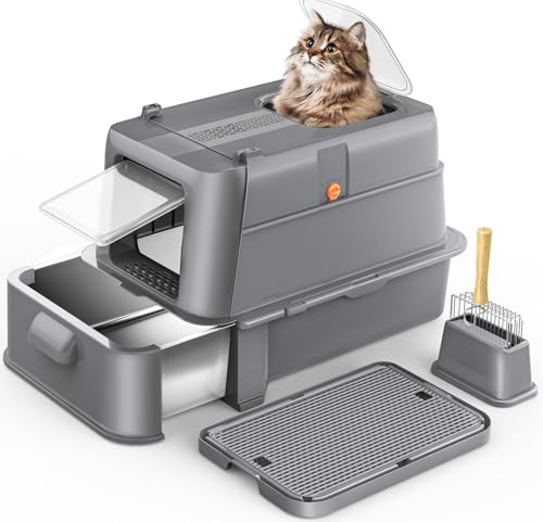 HEGGCOOE Katzenklo Edelstahl mit Deckel XL, Großes Katzenklo mit Schublade, Geschlossene Katzentoilette mit Einstieg Vorne & Oben, Schaufel, Filterpedal, Reinigen und Geruchskontrolle-Dunkelgrau von HEGGCOOE