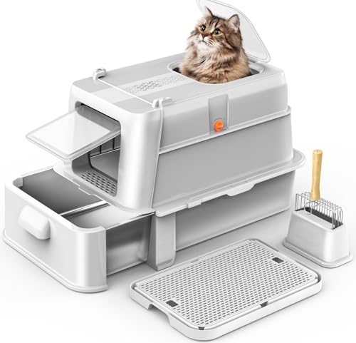 HEGGCOOE Katzenklo Edelstahl mit Deckel XL, Großes Katzenklo mit Schublade, Geschlossene Katzentoilette mit Einstieg Vorne & Oben, Schaufel, Filterpedal, Reinigen und Geruchskontrolle-Hellgrau von HEGGCOOE