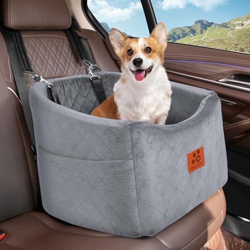 HEGGOOE Hunde Autositz für Kleine/Mittlere Hunde, Memory-Schaum Erhöhter Hundesitz Auto, Abnehmbar & Waschbarer Hundebett Auto mit Aufbewahrungstaschen und Sicherheitsleinen von HEGGOOE