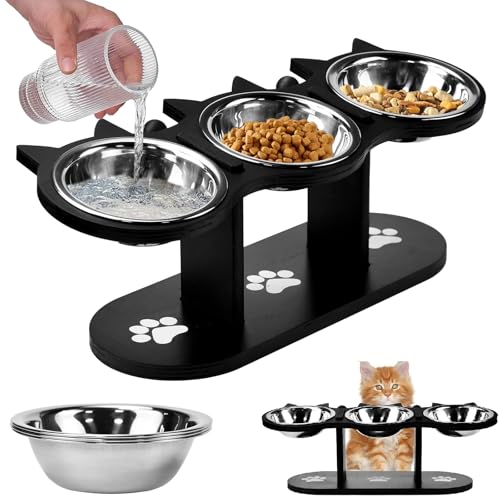 HEKOBAG Katzennapf Erhöht Futternapf Katze 3er Set Fressnapf Katze Holz Katzenfressnapf Erhöht Futterstation Katzen Wassernapf Schwarz Katzennäpfe mit 3 Edelstahl Schüsseln für Katzen Kleine Hunde von HEKOBAG